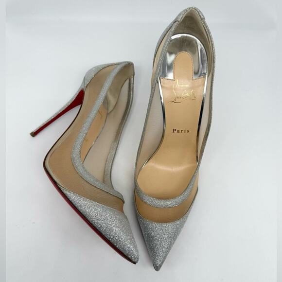Christian Louboutin Silver Glitter Leather Mini Rete Galativi 100mm Pumps EU 42 - Picture 1 of 9